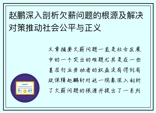 赵鹏深入剖析欠薪问题的根源及解决对策推动社会公平与正义