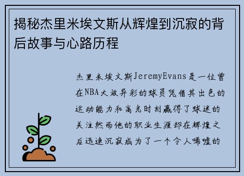 揭秘杰里米埃文斯从辉煌到沉寂的背后故事与心路历程